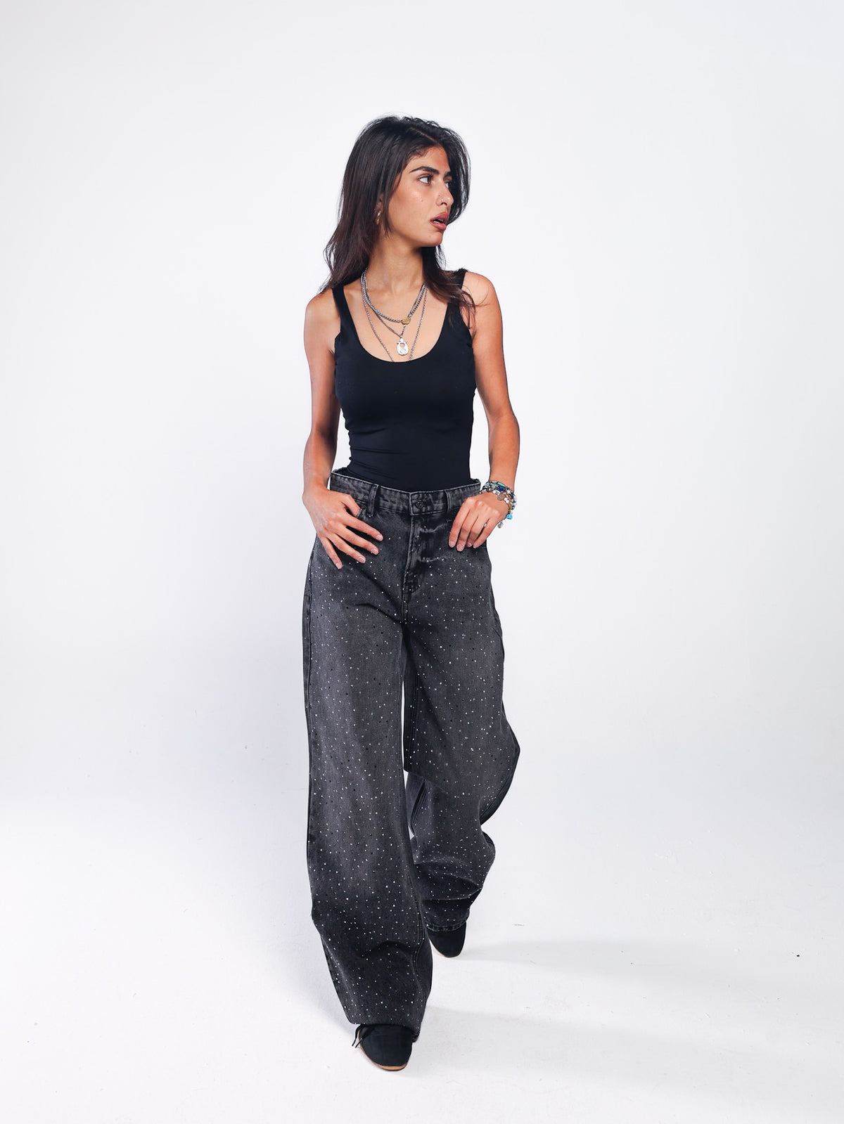 Studded Wide-Leg Denim